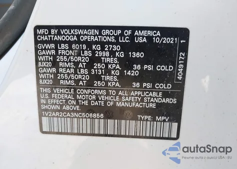 2022 Volkswagen Atlas 3.6L V6 Sel R-Line из США, поврежденный, VIN 1V2AR2CA3NC506856